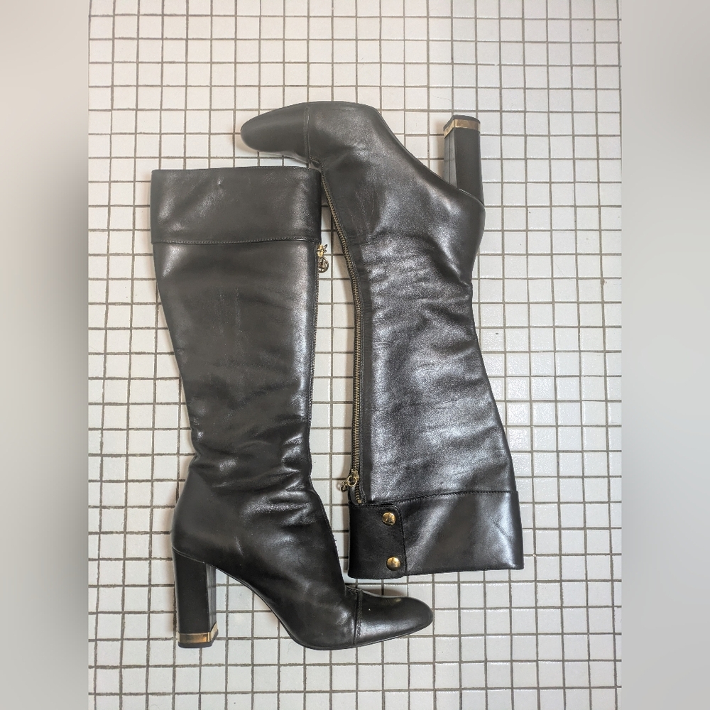 Bellofatto Italian Leather Elegant Black Knee-High Women's Boots With Gold Metal